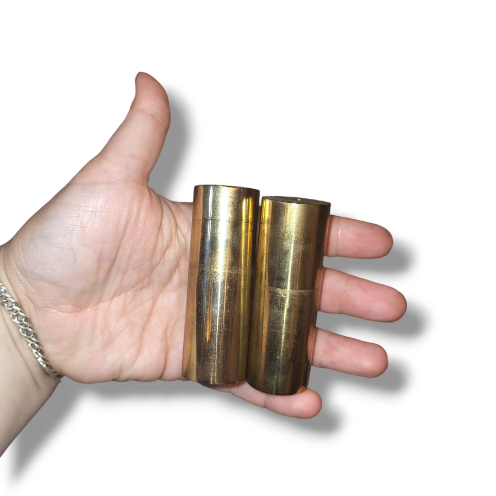 Danish MCM Brass Salt and Pepper set with holder - Picture 5 of 10